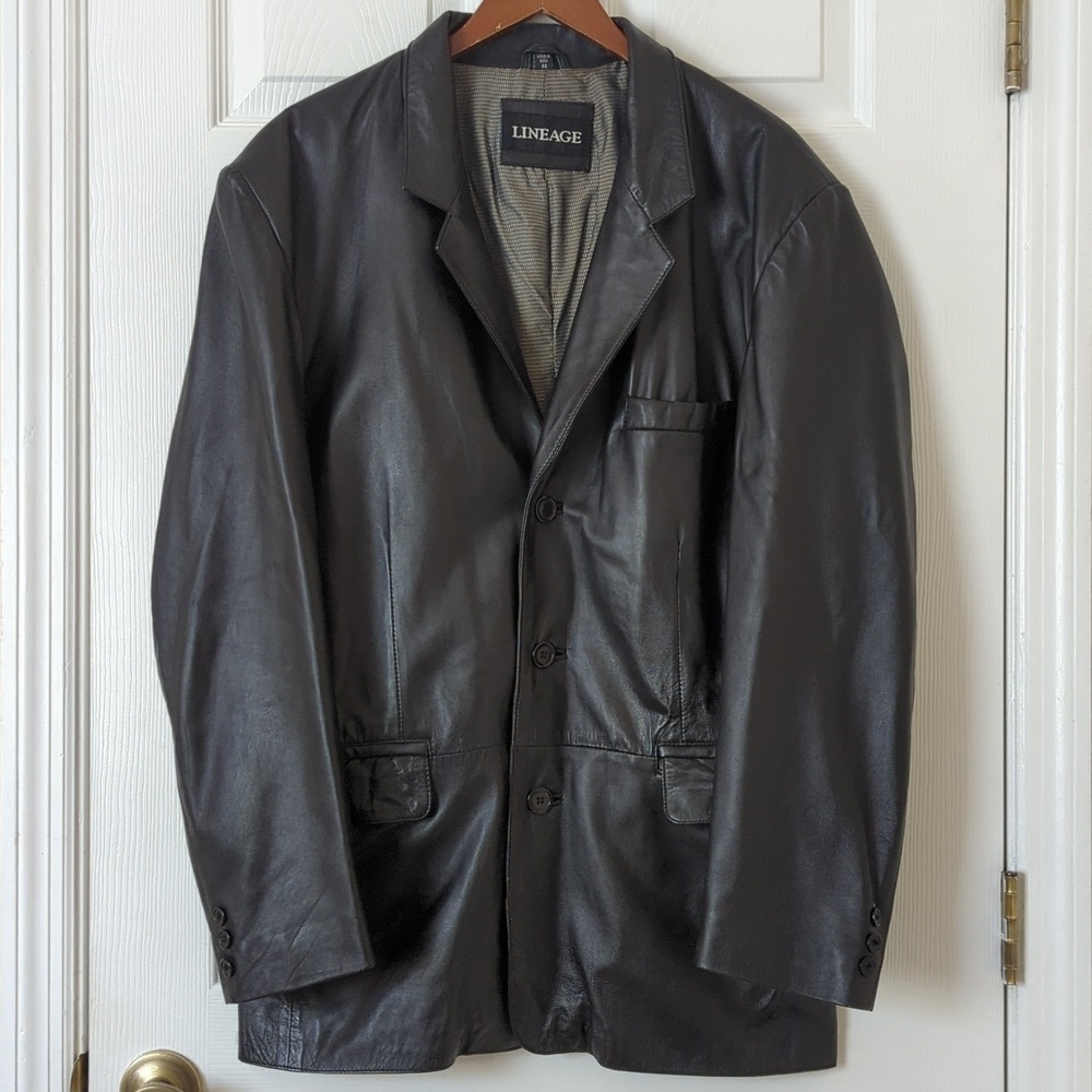 Lineage 90's Vintage Classic Genuine Leather Blazer Jacket Black 40 Large - Picture 1 of 16